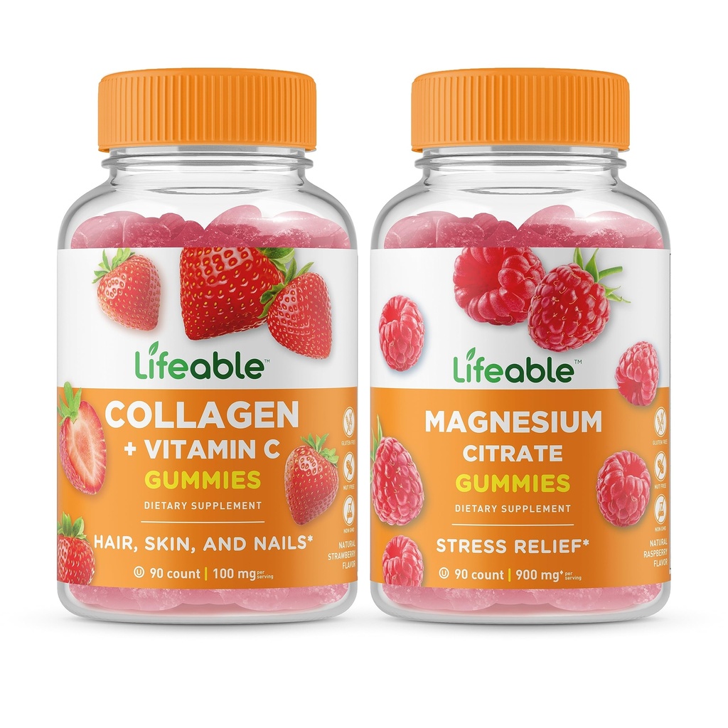 Lifeable Collagen & ויטמין C + Magnesium, Gummies Bundle - גדול Tasting, ויטמין תוסף, Gluten Free, GMO חינם, Chewable Gummymy