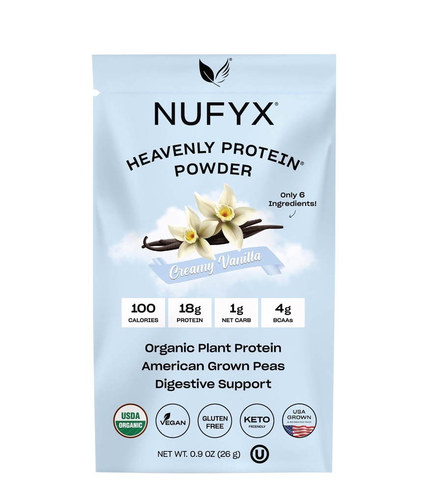 NUFYX® - אבקת חלבון שמימית ® אבקת ® ® - 100% אורגני צומחים בארה"ב - טבעונית - Gluten Free - Low Carb (Creamy Vanilla, Packet)