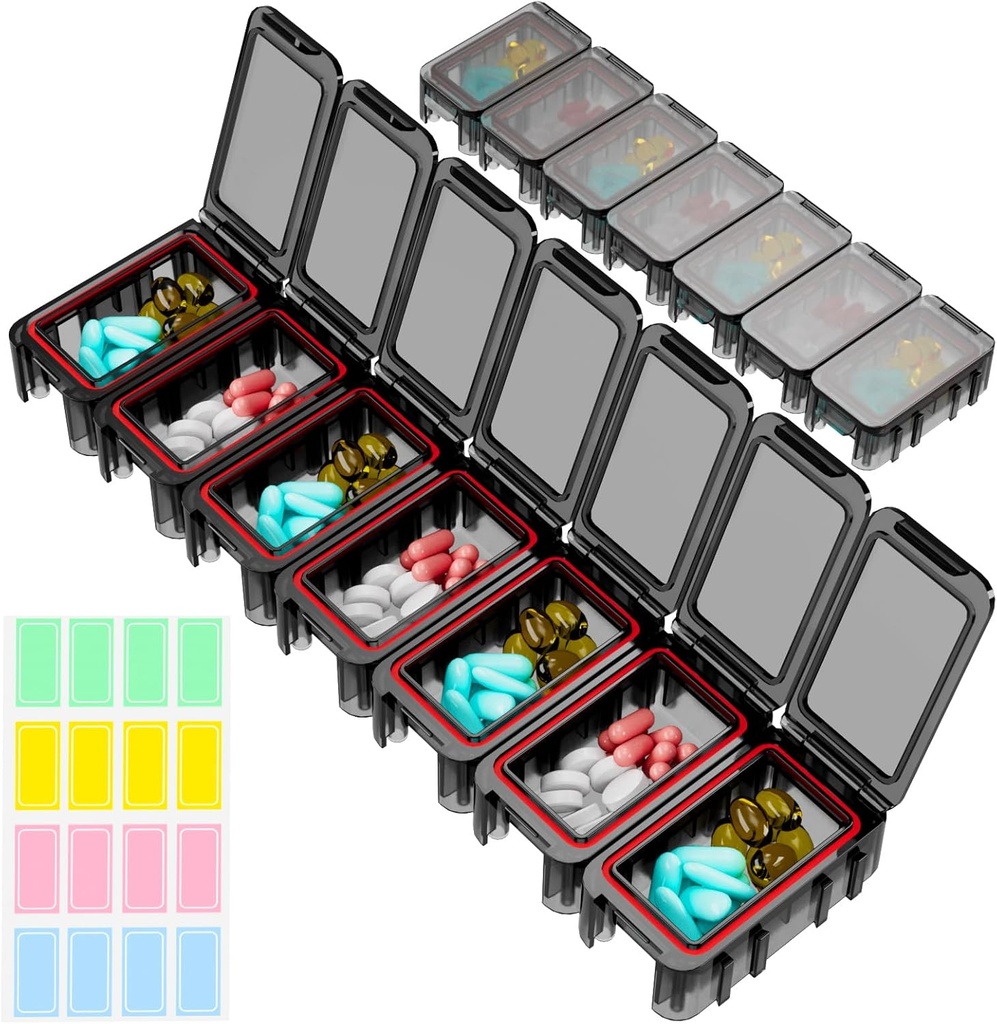 Restree Weekly Pill מארגנת, 7 תאים ב- Portable Pill Box One Day, Moisture-Proof Travel Pill Case, Pill Storage for ויטמין, Medicine, Fish Oil/Supplements (Black)