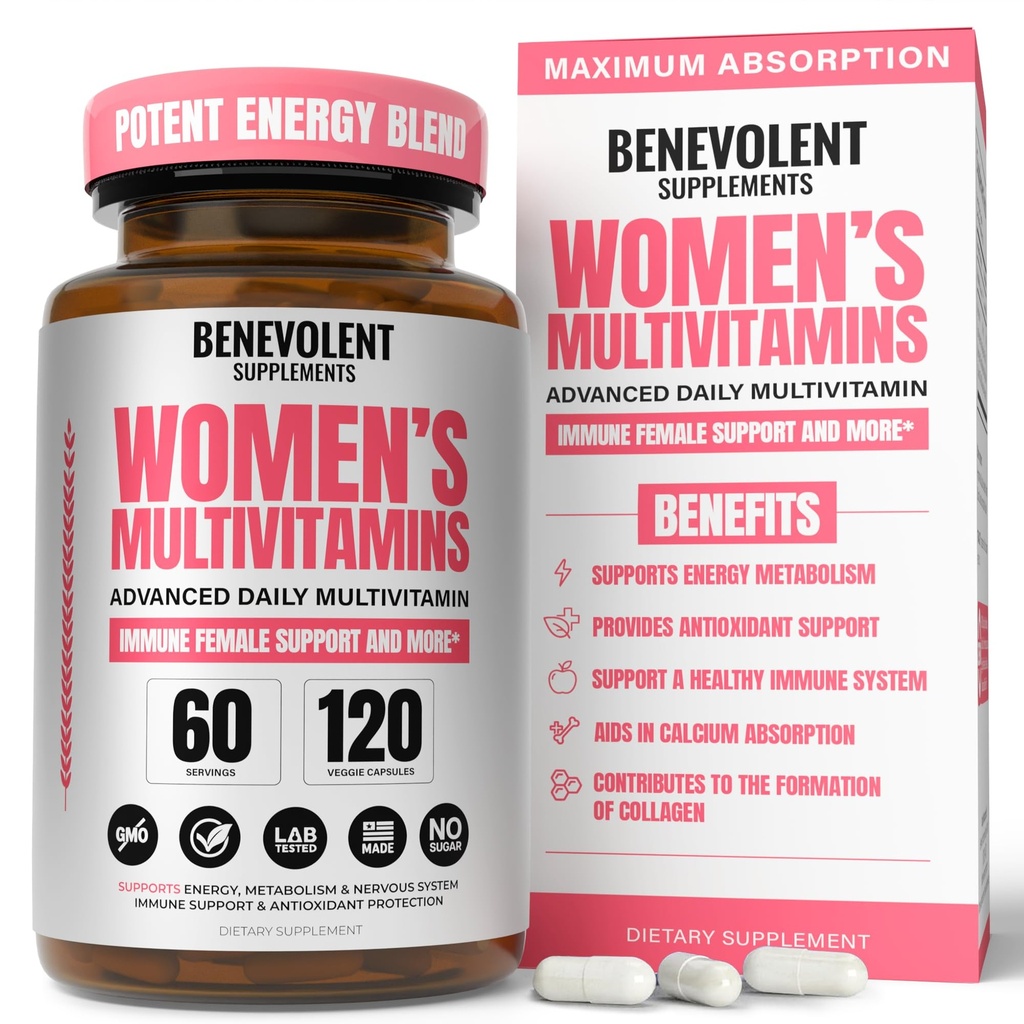 Multivitamin לנשים - תוספת לאנרגיה, חסינות ותמיכה נשית - ויטמינים יומיים לנשים עם ביוטין, Calcium, Magnesium - non-GMO, Vegetarian Women's Multivitamin - 120 Caps Caps