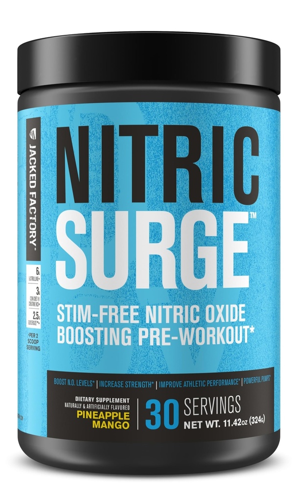 Jacked Factory Nitric Surge Stim Free Pre Workout אבקת - Caffeine-Free Nitric Oxide תוסף W/Con-Cret Creatine, L Citrulline, & GlycerSize Glycerol - Pineapple מנגו, 30 משרתים