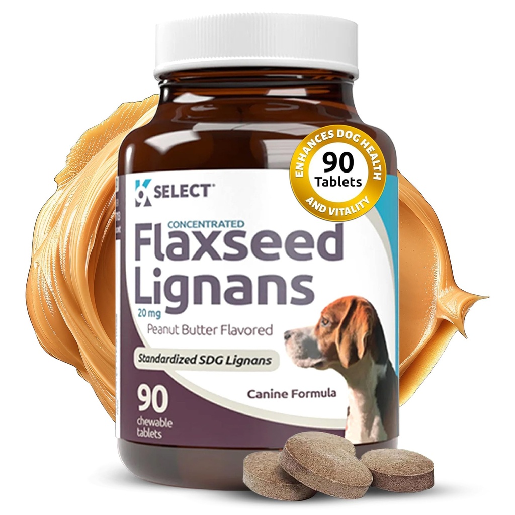 K9 בחר ב- Flaxseed Lignans לכלבים, 20 מ"ג 90 טבליות, Peanut Butter Flavored Chewable, Impove Coat