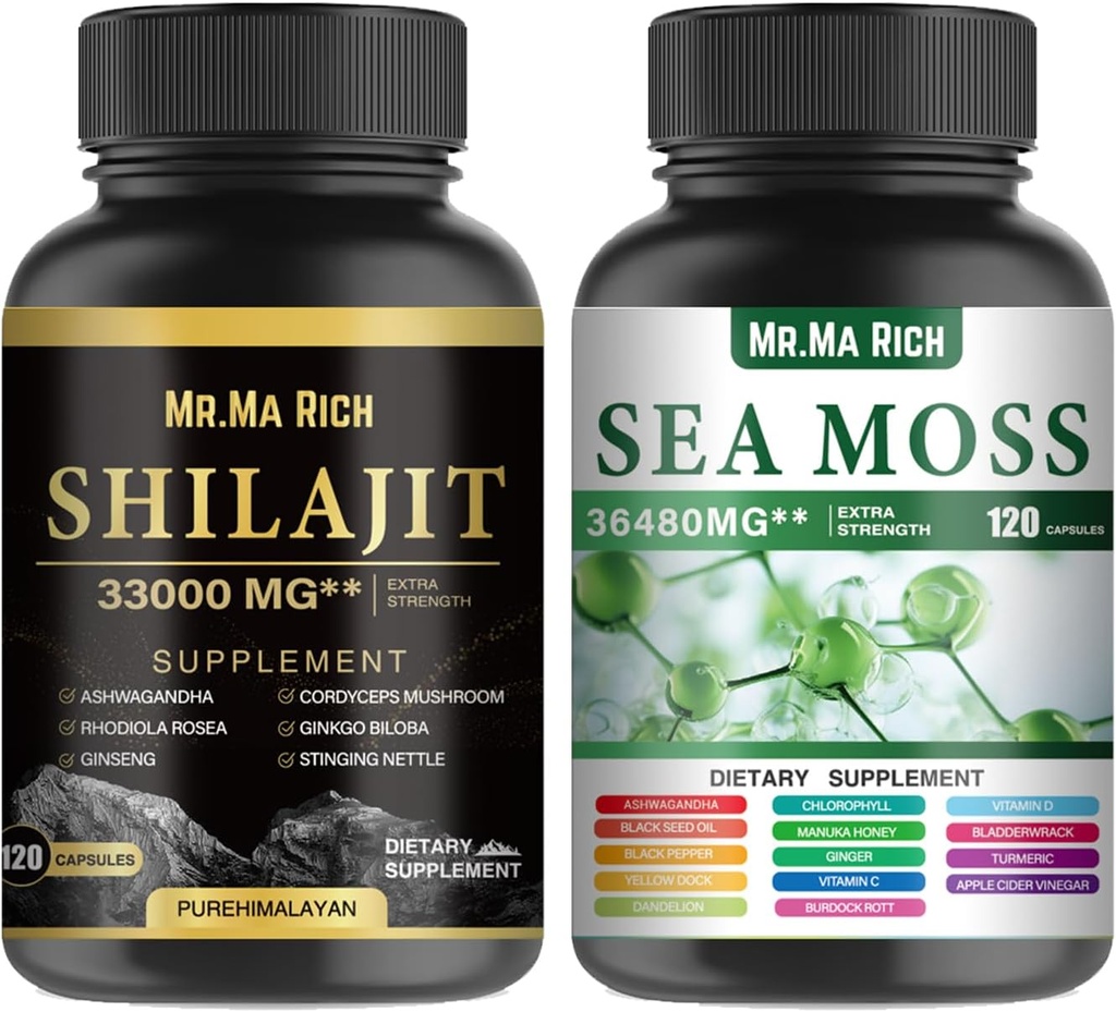 Sea Mosss ו Shilajit קפסולת Bundle, Ashwagandha Rhodiola Rosea גינזנג Cordyceps Mushroom גינקו בילובה Sting Nettle Magic Mos בלנדרום שחור Seed Turmeric Bladderwrack Burdock Black Pepper