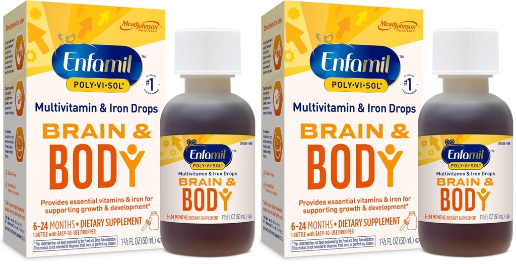 Enfamil Prenatals & Baby ויטמינים Poly-Vi-Sol 8 Multi-Vitamins & Iron תוספת טיפות עבור תינוקות ופעוטות, תומך צמיחה ופיתוח, 50 mL Dropper בקבוק (Pack של 2)