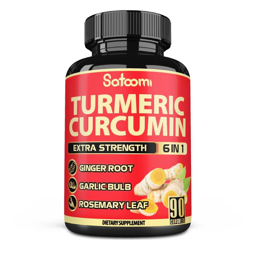 Satoomi 6in1 Turmeric Curcumin תוסף - 3 חודשים אספקה - 95% Curcuminoids עם שורש ג'ינג'ר, Garlic Bulb, Rosemary & Black Pepper - 90 קפסולות