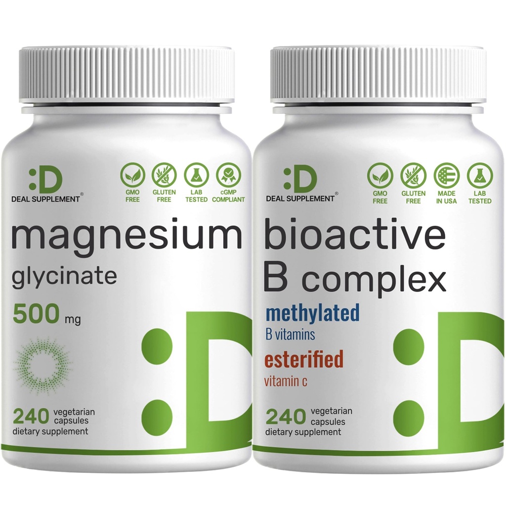 Magnesium Glycinate 500mg Veggie כמוסות & ביואקטיבי ויטמין B Complex Bundle Pack - בקלות Absorbed Chelated מינרלים - Immune, Energy & Metabolism תוסף תוסף