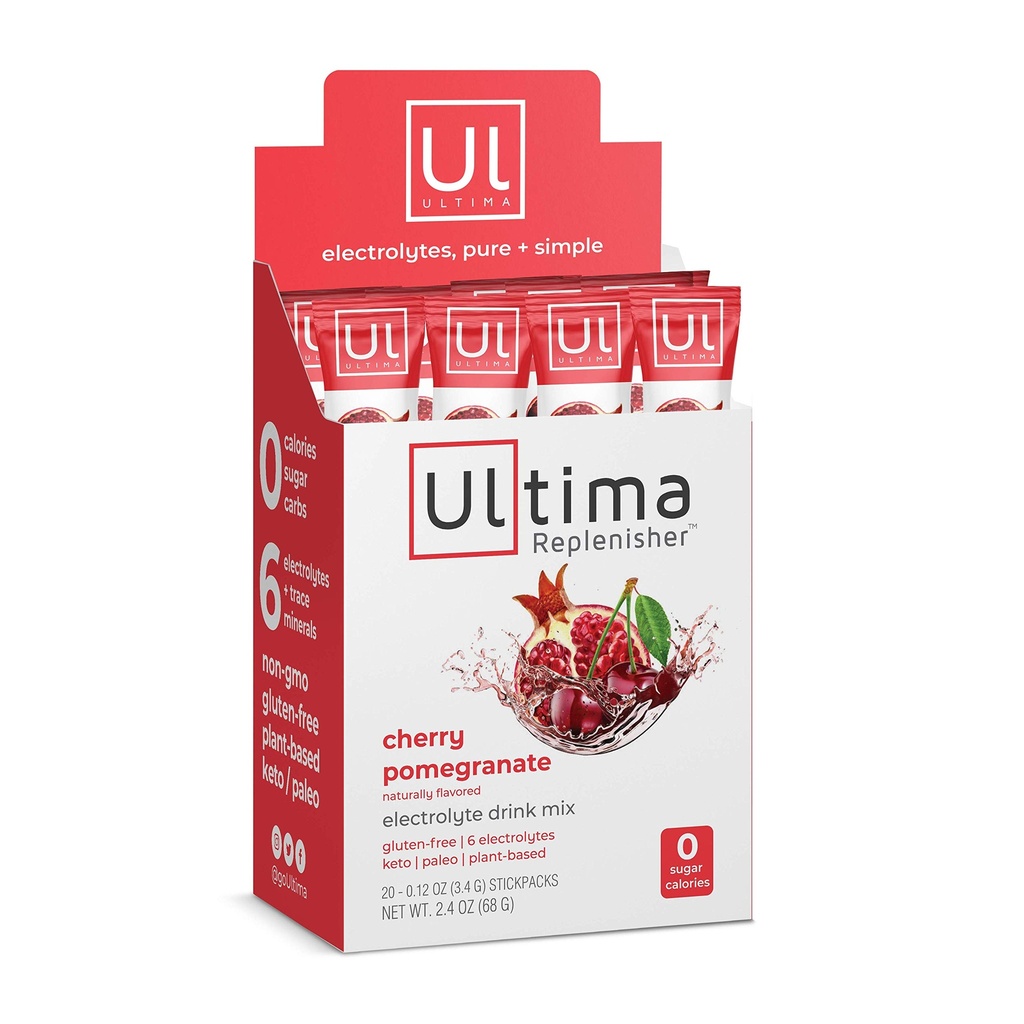 Ultima Replenisher Electrolyte hydrotion Drink Mix, Cherry Pomegranate, 20 שרת Stickpack Box, no Sugar, no Carbs, no Calories, Keto, Gluten-Free, non-GMO, טבעוני