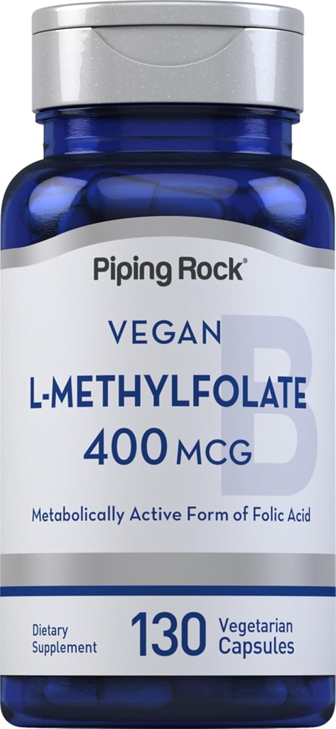 Piping Rock L MethylFolate תוסף | 400 mcg | 130 קפסולות | Vegetarian, טבעוני | Non-GMO, Gluten Freeten