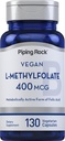 Piping Rock L MethylFolate תוסף | 400 mcg | 130 קפסולות | Vegetarian, טבעוני | Non-GMO, Gluten Freeten