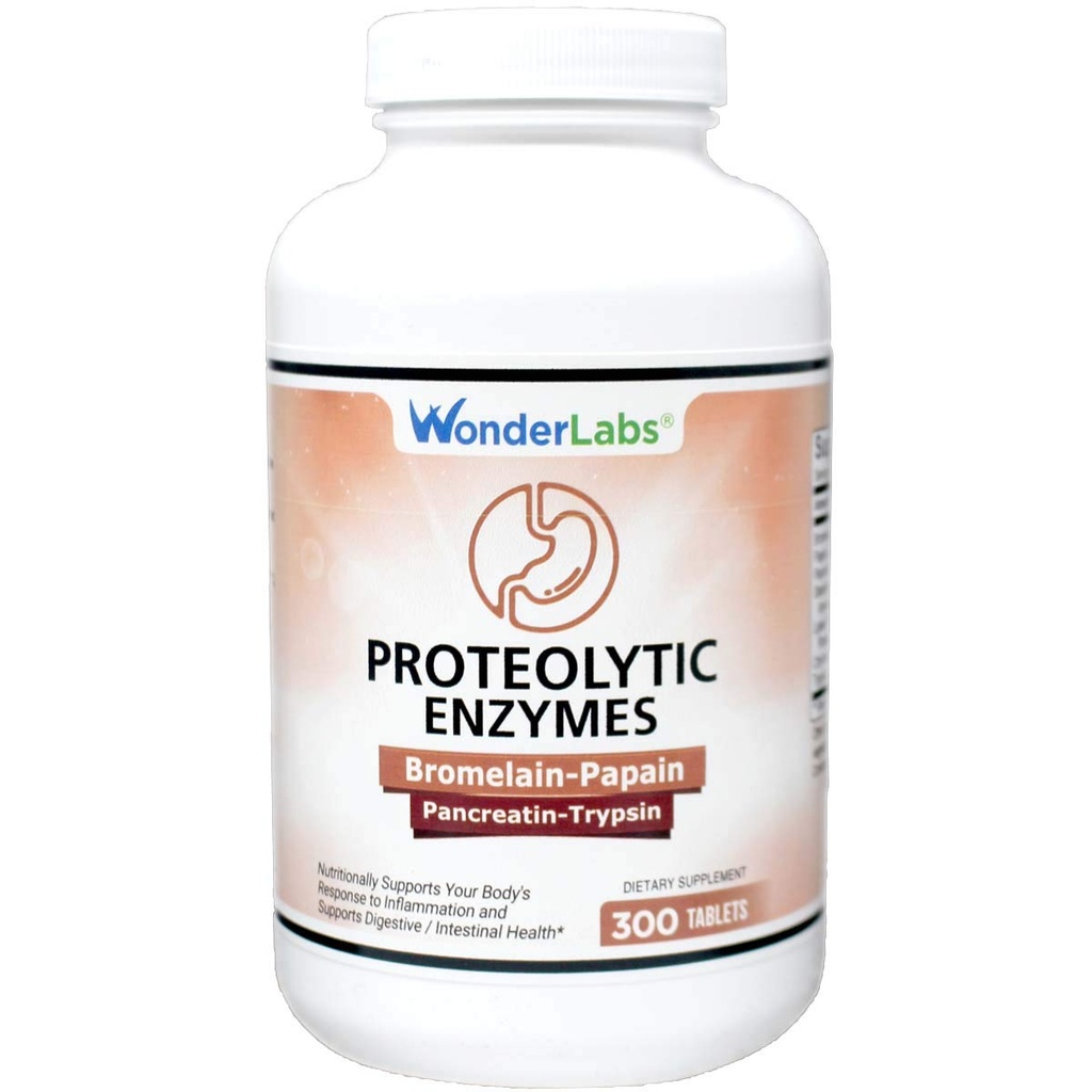 Wonder Laboratories Proteolytic Enzymes | Bromelain Papain Pancreatin Trypsin 550 מ"ג Total with Standard Amylase, Lipase, and Protease, 300 טבליות