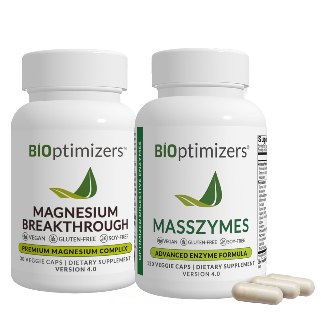 BiOptimizers Magnesium Breakthrough 4.0, (30 Capsules) & MassZymes 4.0, (120 Capsules) - Natural Sleep, Brain, and Digestive Health Support Supplement Bundle