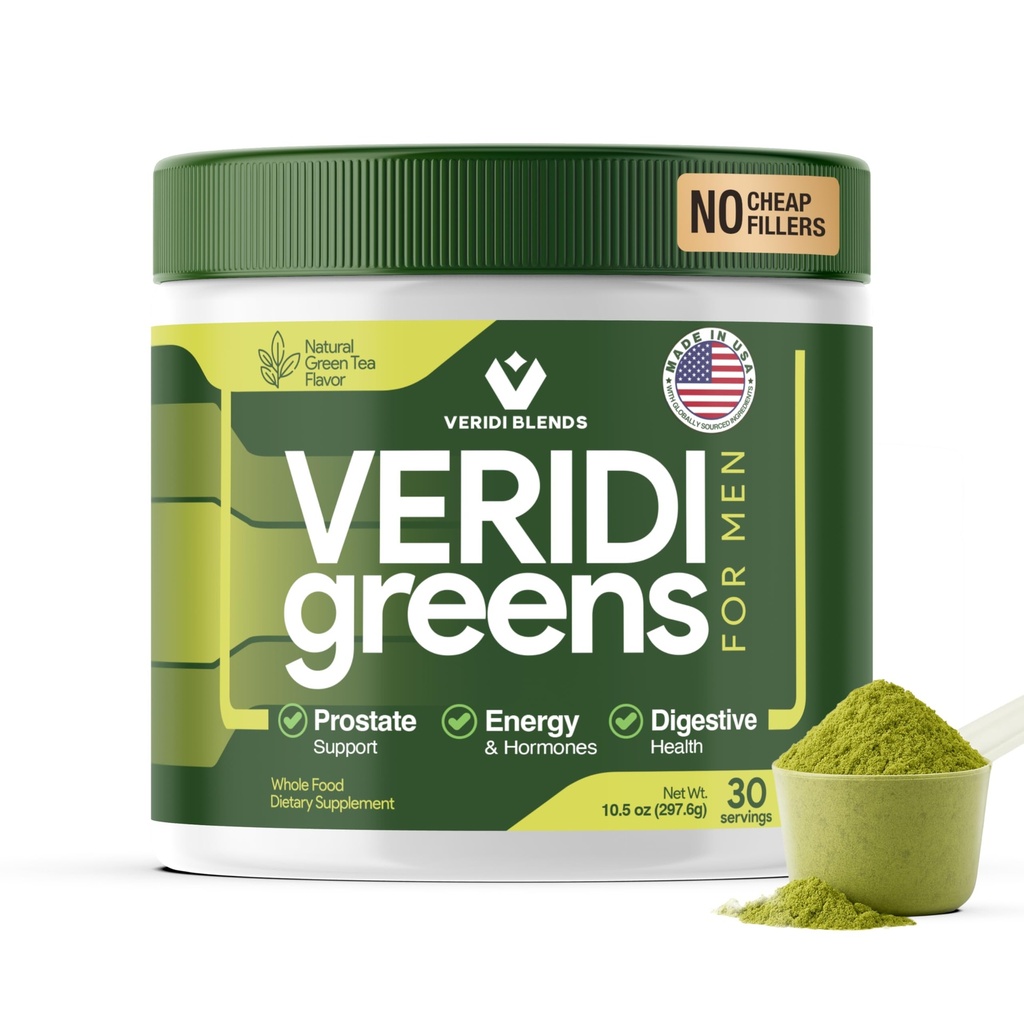 Veridi Greens for Men 40+ | Daily Superfood Greens אבקת Prostate Health, הורמון ואנרגיה תמיכה | Premium USA Band with Spirulina, Saw Palmetto, Zinc & Enmes