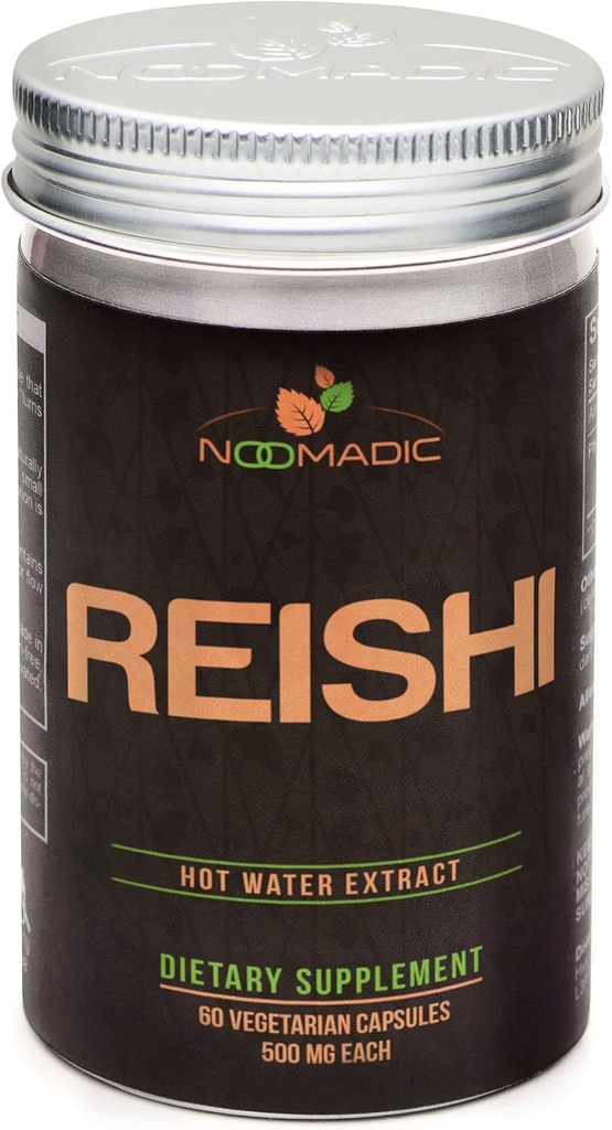 Noomadic Reishi Mushroom, 60 קפסולות, 500 מ"ג כל אחד, כללי בריאות וארוכותיות, מיצוי מים חמים, פריינג גופים, 30% Beta-D-Glucans