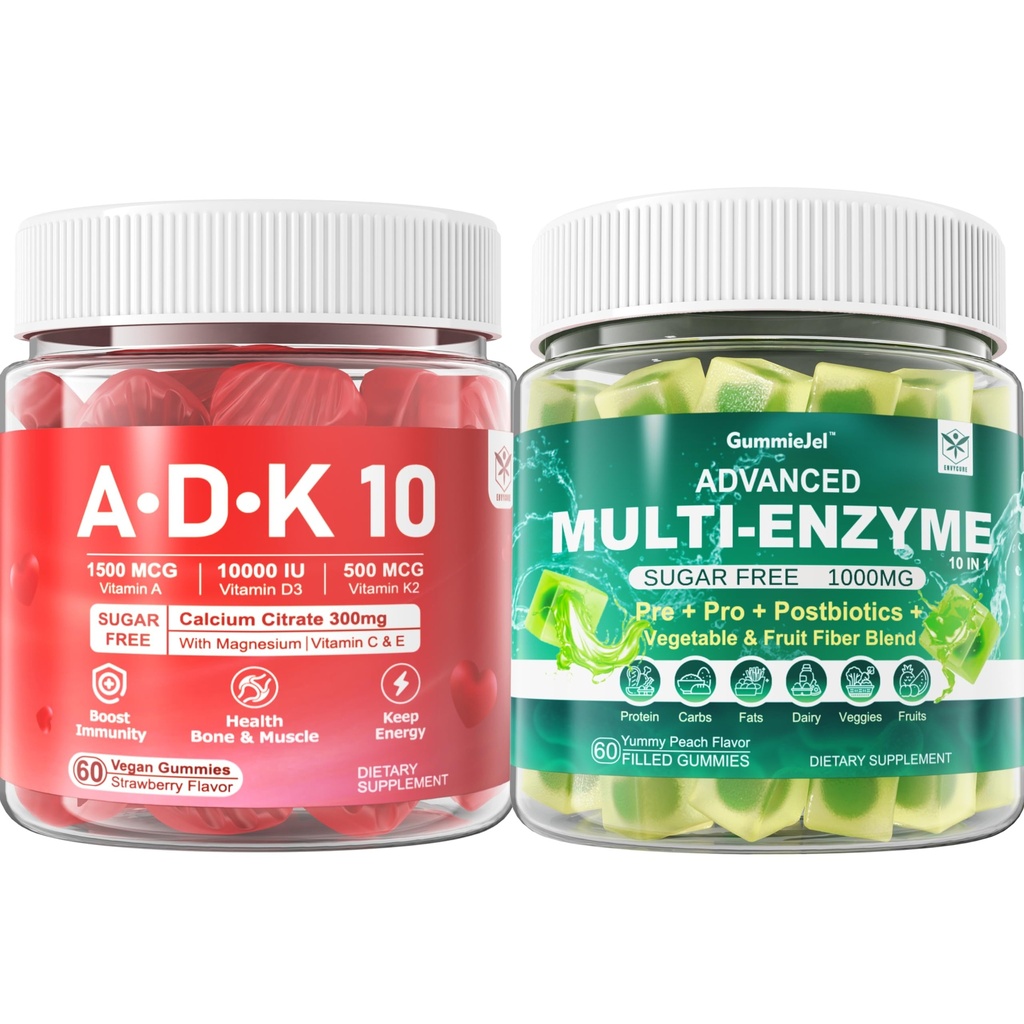 אנזימים Enzymes Gummies 1000mg Chewable - Break Down Food Quickly, 90 מיליארד CFU, Probiotic, Postbiotic, Prebiotic & סיבים ו-Prebiotic וייטמינים ADKmies + Calcium Magnesium Zinc