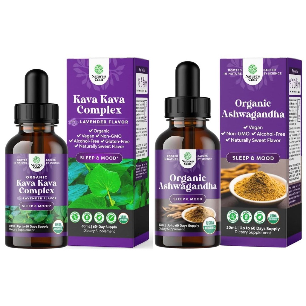 Bundle of Potent נוזל Kava Kava טיפות תוספת עם Kavalactones עבור שינה טובה ו USDA אורגני Ashwagandha טיפות - Ashwagandha שורש לחלץ מתח ותמיכה Mood למבוגרים