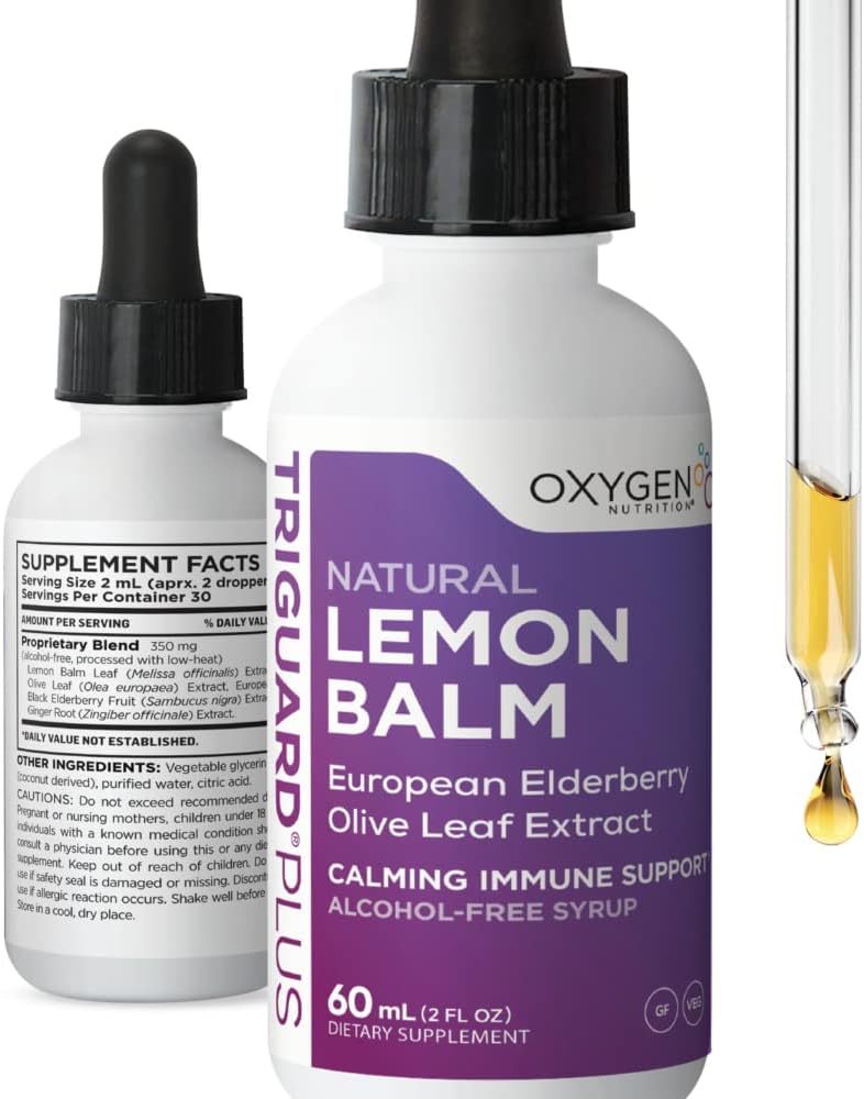 TriGuard Lemon Balm Plus - Lemon Balm Extract, Elderberry, אוליב Leaf לחלץ Tincture 2 floz | For Calming, Stress Relief, Immune Support and Inflammation | אלכוהול חינם, non-GMO, Made in USA