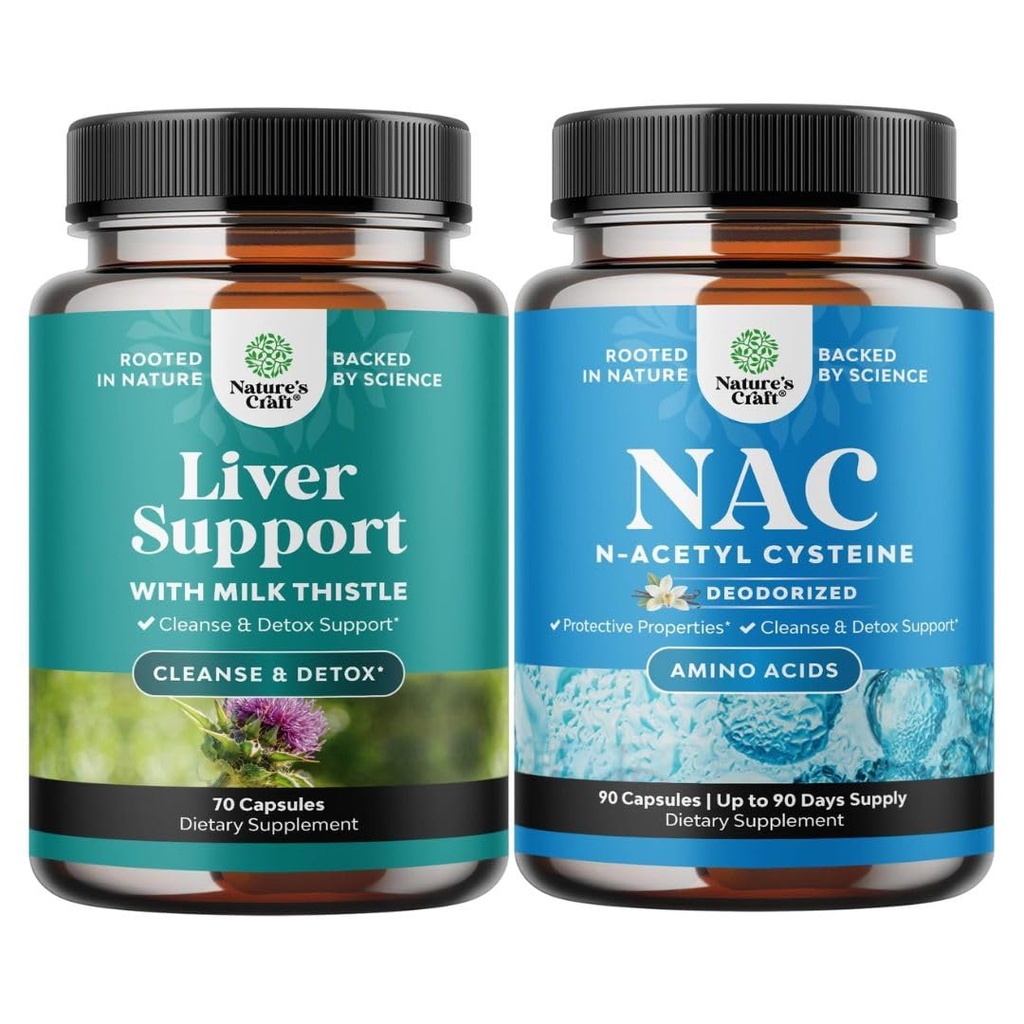 Bundle של Liver Cleanse Detox & תיקון פורמולה NAC תוסף N-Acetyl Cysteine 600mg - Herbal Liver תמיכה תוספת של חלב Thistle - High Absorption NAC 600 מ"ג קפסולות Glutathione 600 מ"ג