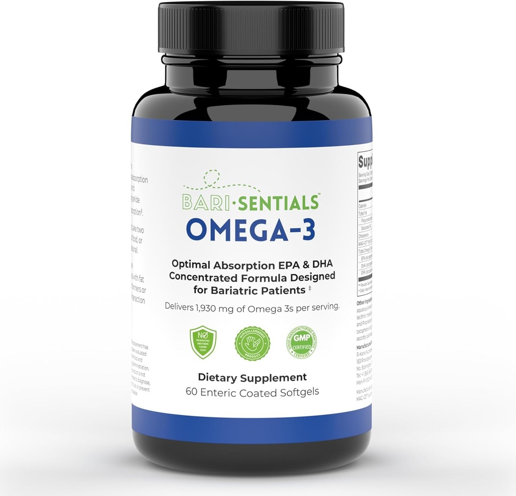 R-Kane Nutritionals Barisentials אומגה 3 - 1,930 מ"ג EPA & DHA Per שירות מיועד עבור חולים באריאטר - גבוה Absorption MAG-03 טכנולוגיה - 60 Coated Softgels (1-Month Supply)