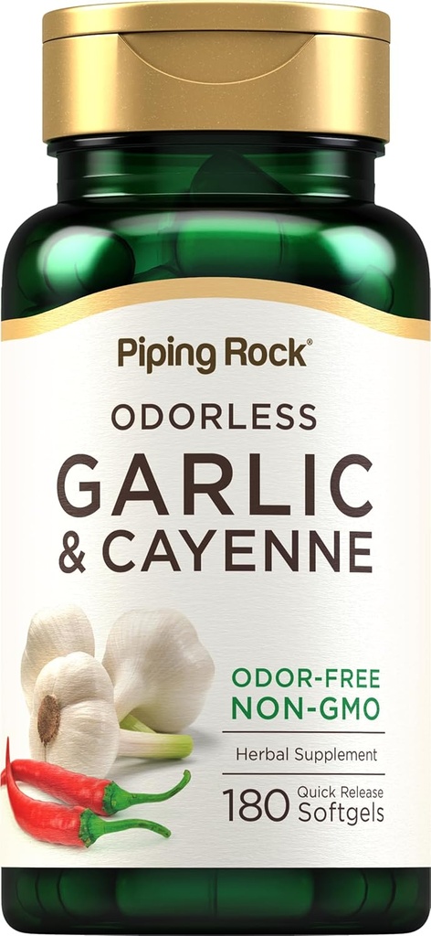 Piping Rock Odorless Garlic Softgels | 180 Softgels | תוספת עם תמצית קייאן