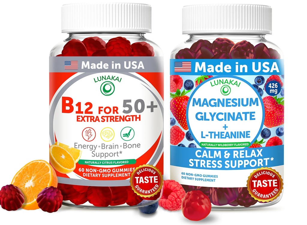 לונהקאי ארה"ב עשתה ויטמין B12 למבוגרים 50+ & Magnesium Glycinate Gummies Bundle, תומך באנרגיה, Mood, מרגיעה ולחצים, non-GMO, טבעוני, 60ct כל אחד