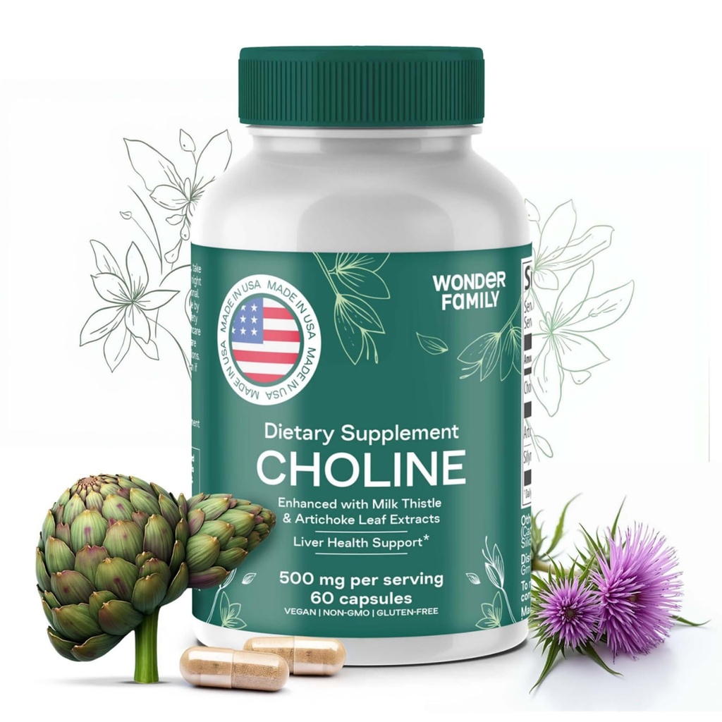 Choline Bitartrate 500MG - Premium Choline תוספים - תוספי תמיכה Liver & Gallbladders - קוליןה Suplemento 500 מ"ג Orgánica - ויטמין המוח עבור זיכרון להתמקד - 60 צ'קלין Caps