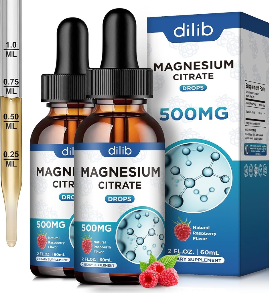 (2 Pack) Magnesium Citrate נוזל Magnesium טיפות תוספת של 500 מ"ג-Support Stress Relief, העצמות, Mood, Sleep-4 Fl Oz, Vegan, Raspberry Flavor