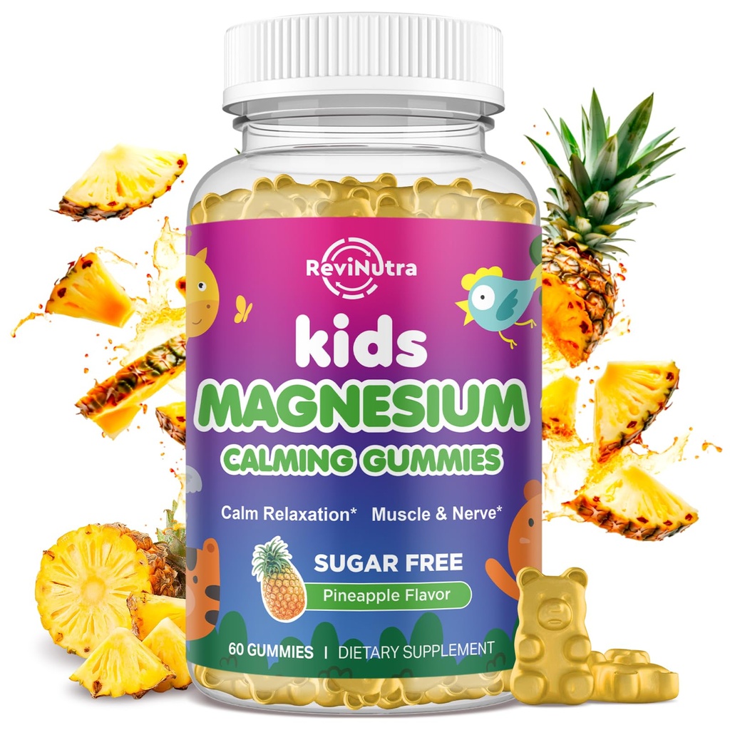 ילדים Magnesium Gummies, Magnesium Glycinate חניכיים לילדים ומבוגרים עם L-theanine, Chamomile, Licorice, ויטמין D, B6 לשינה, להרגעה, למוח ולשרירים, סוכר חינם Pineapple 60ct 60ct