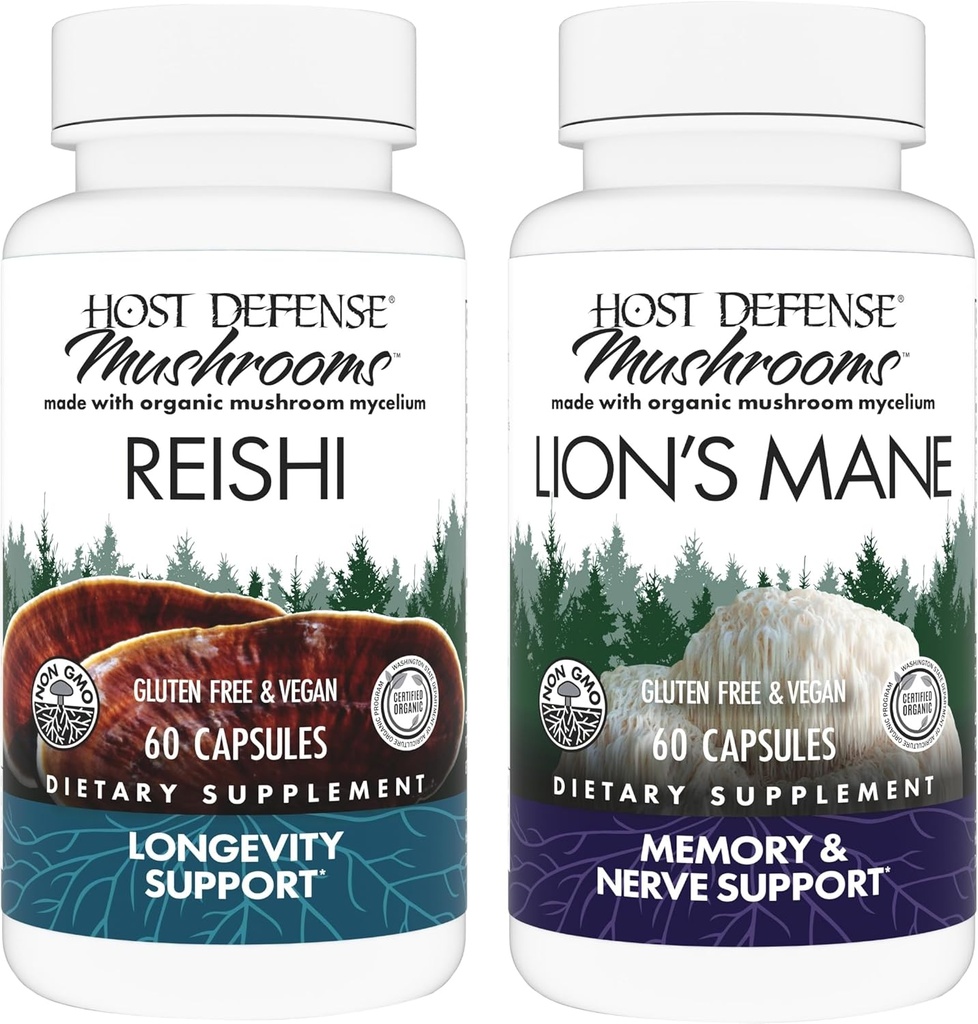 Host Defense Bundle עם Reishi קפסולות, 60 Count & Lion's Mane קפסולות, 60 Count - Support Heart & Immune Health - תמיכה בבריאות המוח, זיכרון וריכוז*