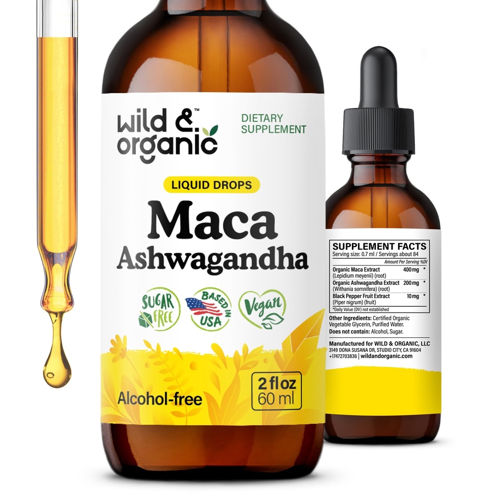 Wild & Organic Maca Ashwagandha טיפות עבור גברים ונשים - פרואני Maca Root ו Ashwagandha Tincture עבור תמיכה כוללת - טבעוני, סוכר & אלכוהול חינם לחלץ - 2 fl oz