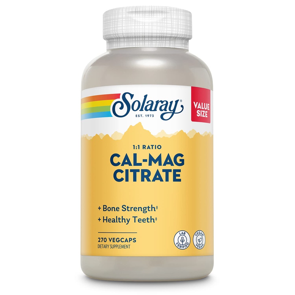 Solaray Calcium Magnesium Citrate 1000 מ"ג 1:1 Ratio, תוסף כוח העצם, שריר, עצב, חום ותמיכה בריאות העצם, צ'אד עבור Absorption גבוהה, 60 יום ערבות, 45 משרתות, 270 VegCaps