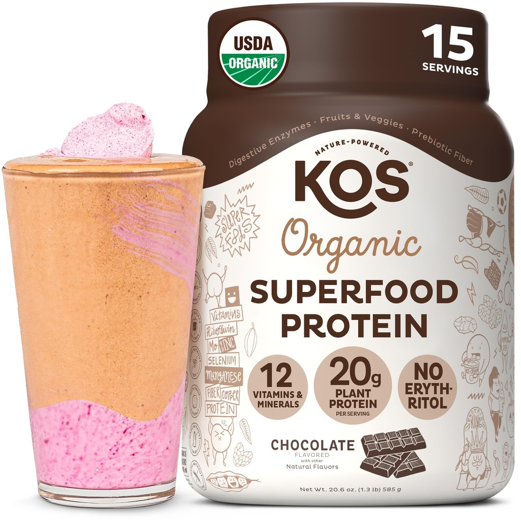 אבקת חלבון מבוססת צמחי KOS, שוקולד USDA אורגני - Low Carb Pea חלבון תערובת, טבעוני Superfood עם ויטמינים ומינרלים - Keto, Soy, חלב חינם - החלפת Meal עבור נשים וגברים - 15 משרתים