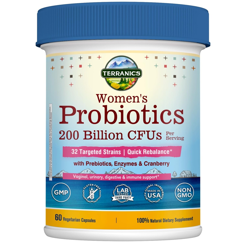 Terranics Daily Probiotics for Women, 200 מיליארד 32 סטרינס נשים פרוביוטיקה, עם Cranberry, Prebiotics & Enzymes, Reמאזן Vaginal פלורה & pH, נדחה לשחרר, Shelf Stable, 60 טבעוני Caps