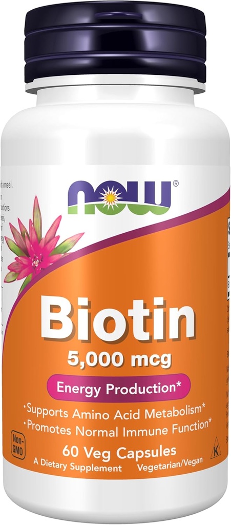 תוספי מזון עכשיו, ביוטין 5,000 mcg, Amino Acid Metabolism*, ייצור אנרגיה *, 60 קפסולות Veg