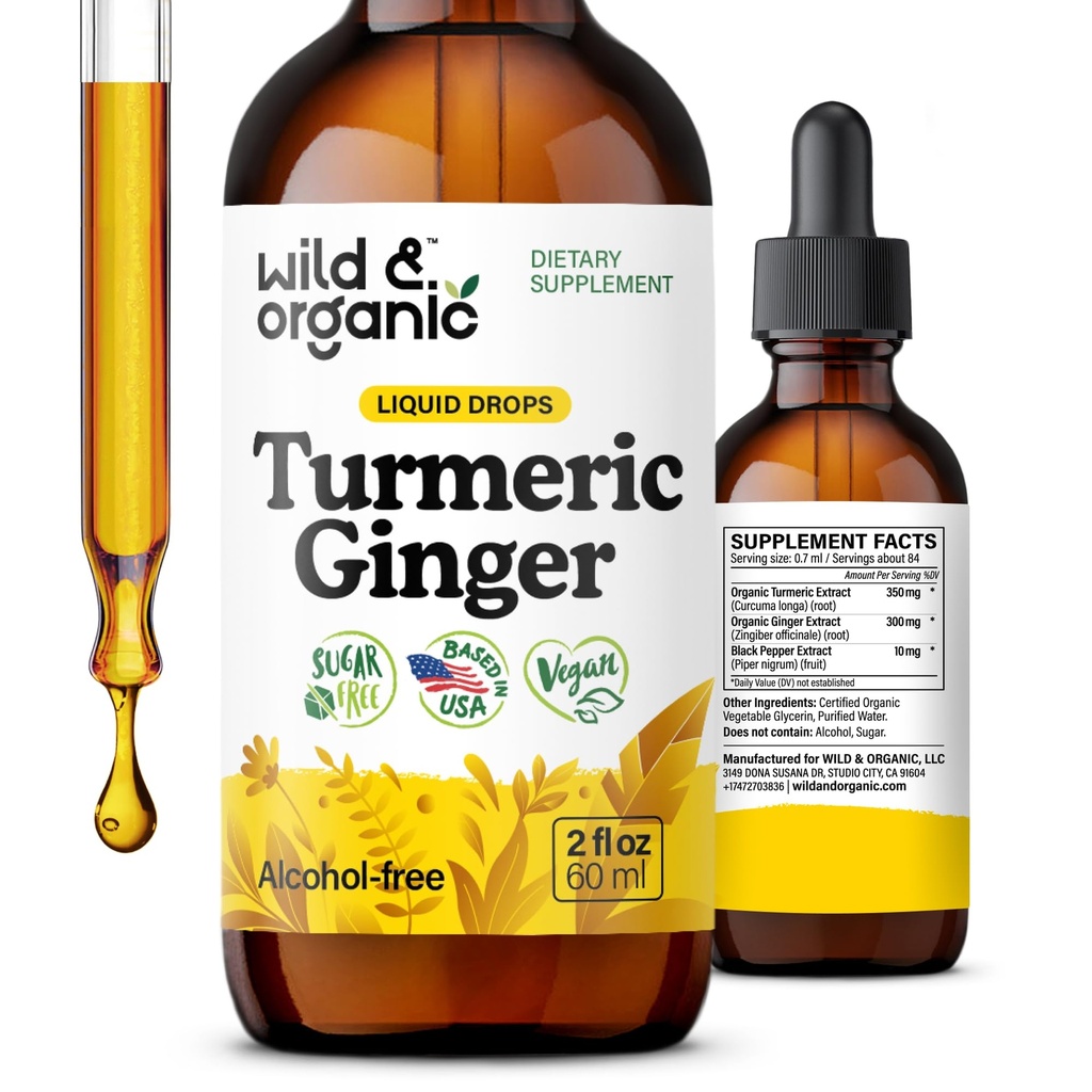 Wild & אורגני Turmeric וג'ינג'ר טיפות - תמיכה משותפת & Immune - נוזל Turmeric עם ג'ינג'ר ו Black Pepper לחלץ - תוסף Curcumin - טבעוני, סוכר ואלכוהול חינם טינקטורה - 2 oz