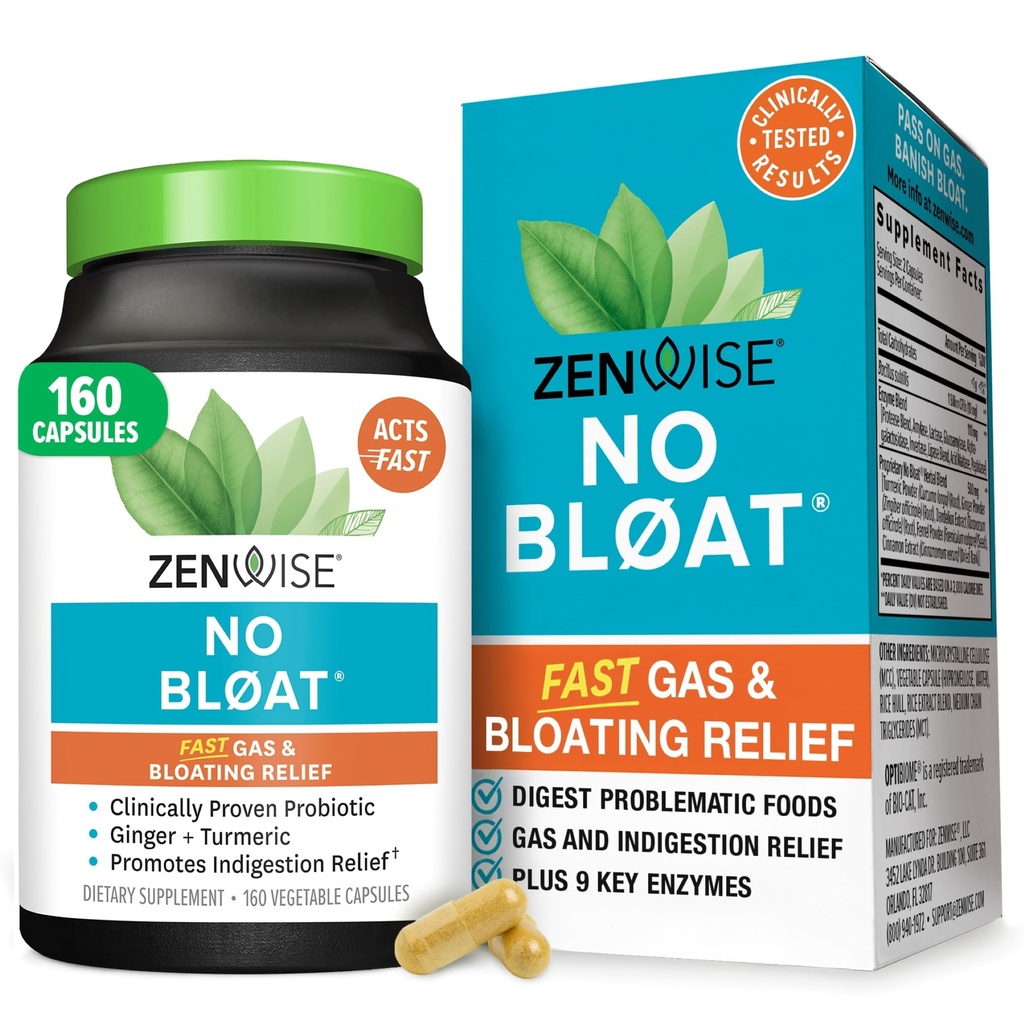 Zenwise Health No Bloat Digestive Enzymes for Gut Health, Gas & Bloating Relief - Multi Enzymes Digestion תוספת עם פרוביוטיקה, ג'ינג'ר, Turmeric Dandelion & Lactase - Men & Women - 160 Count