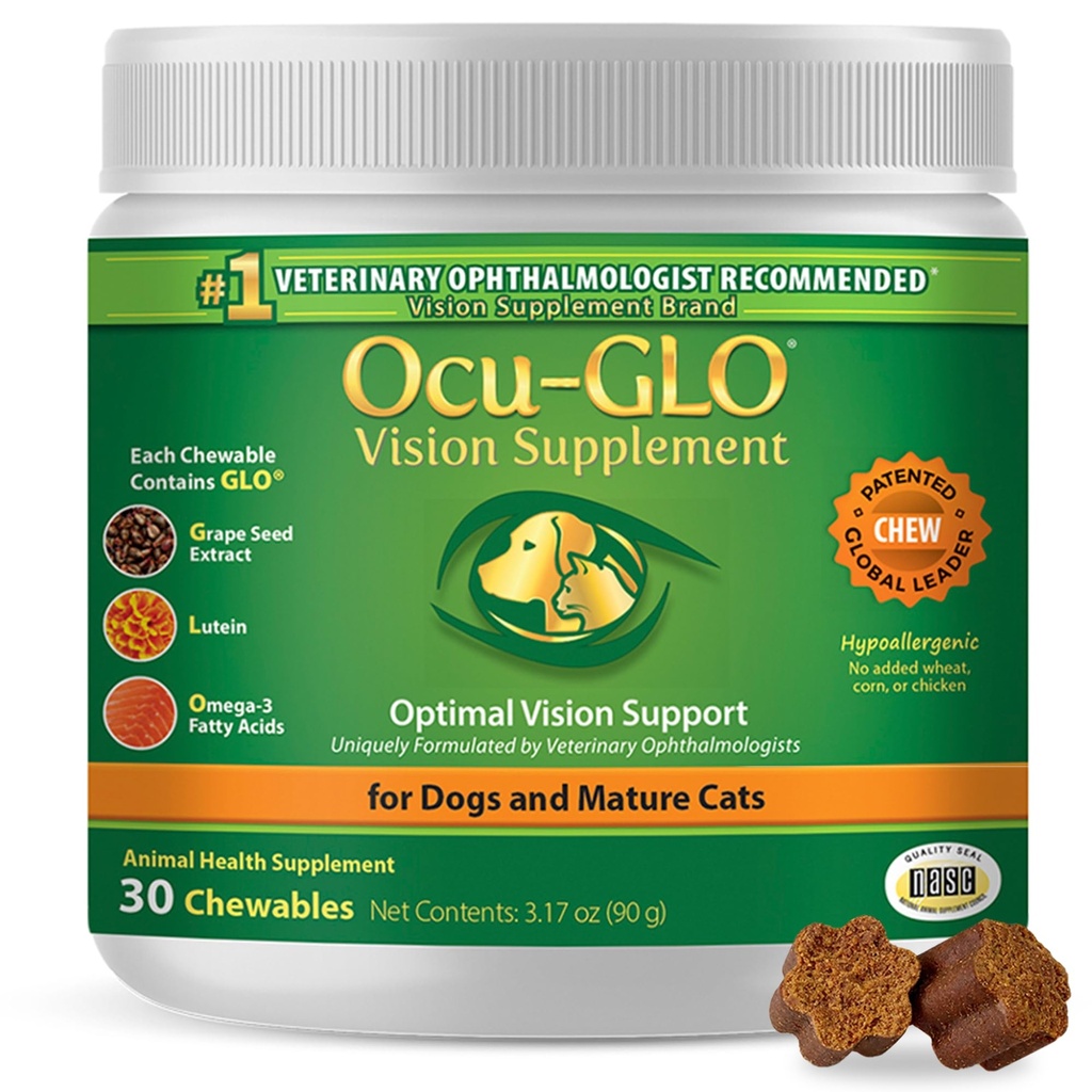 Ocu-GLO Cat & Dog בכיר תוספת לתמיכה בעין - תוספי ראייה Chewable תוספי מזון עבור חיות גדולות וקטנות טיפול עם Lutein, אומגה 3 חומצות שומן, Grape Seed לחלץ &oxidants