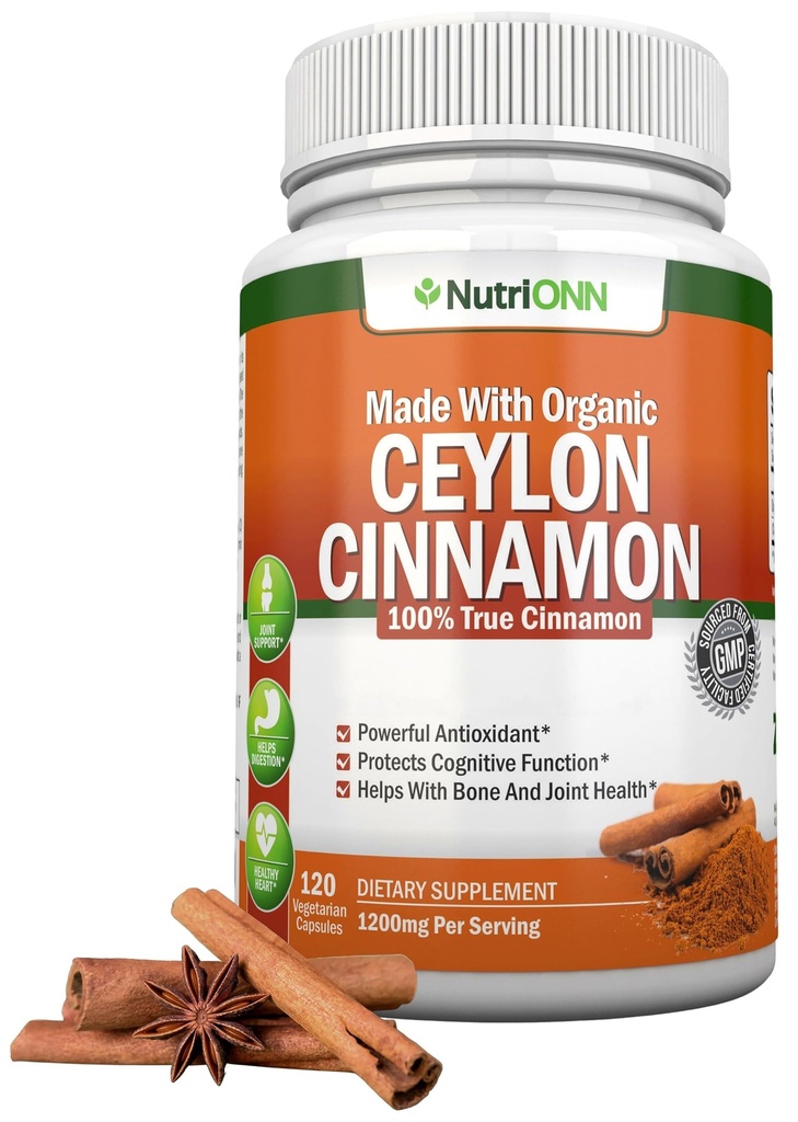 Ceylon Cinnamon 1200 מ"ג | 120 קפסולות טבעוניות | True Cinnamomum verum מסרי לנקה | Non-GMO, Third-Party Lab Tested, Low Coumarin, GMP מוסמך מוסמך