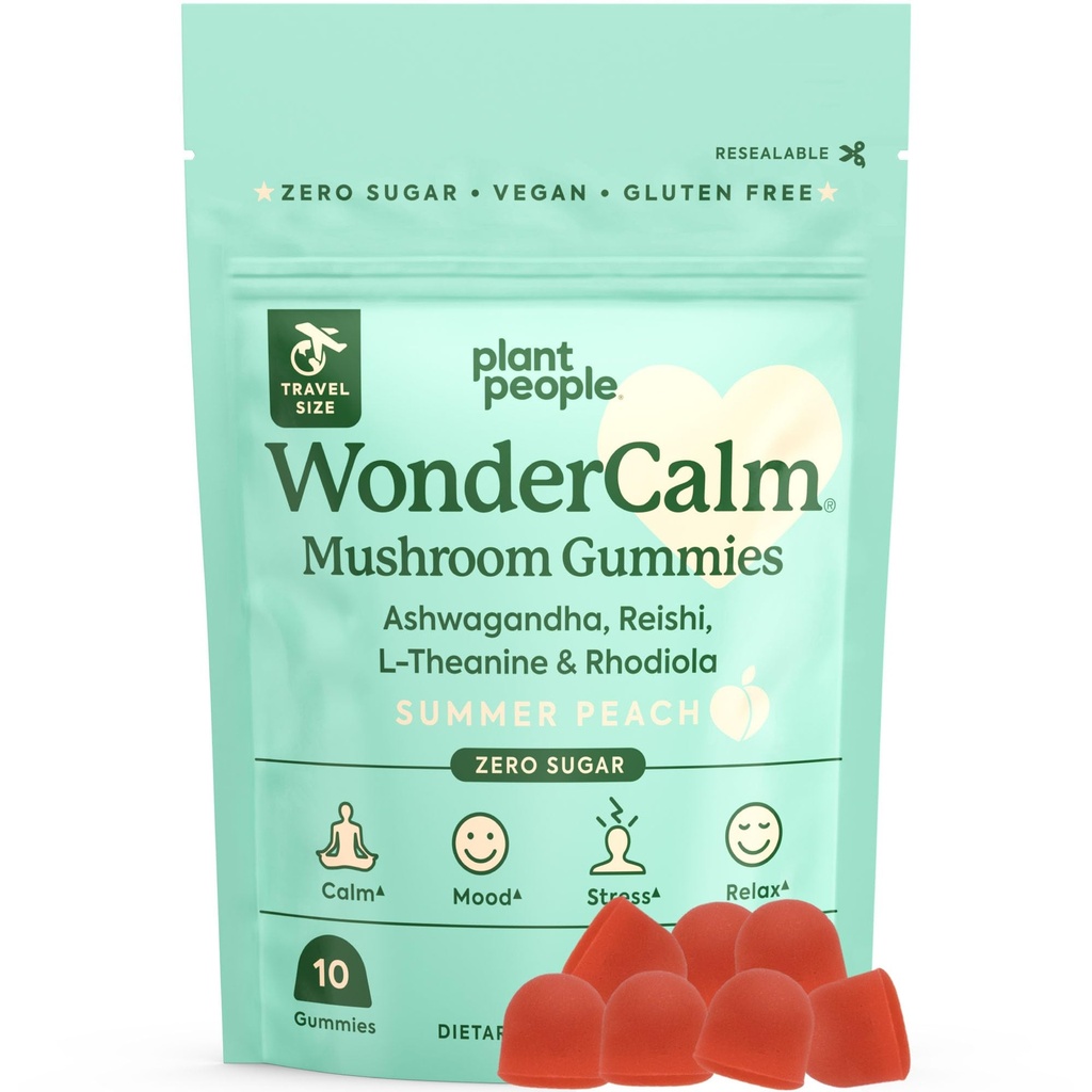 Plant People WonderCalm Mushroom Gummies - אשווגנדה טבעית תוספי Ease Stress & Boost Mood עבור מבוגרים ללא סוכר, גלוקוזטן או צבעים מלאכותיים, טבעוני-ידידותי, Peach Flavor (גודל פלילי)