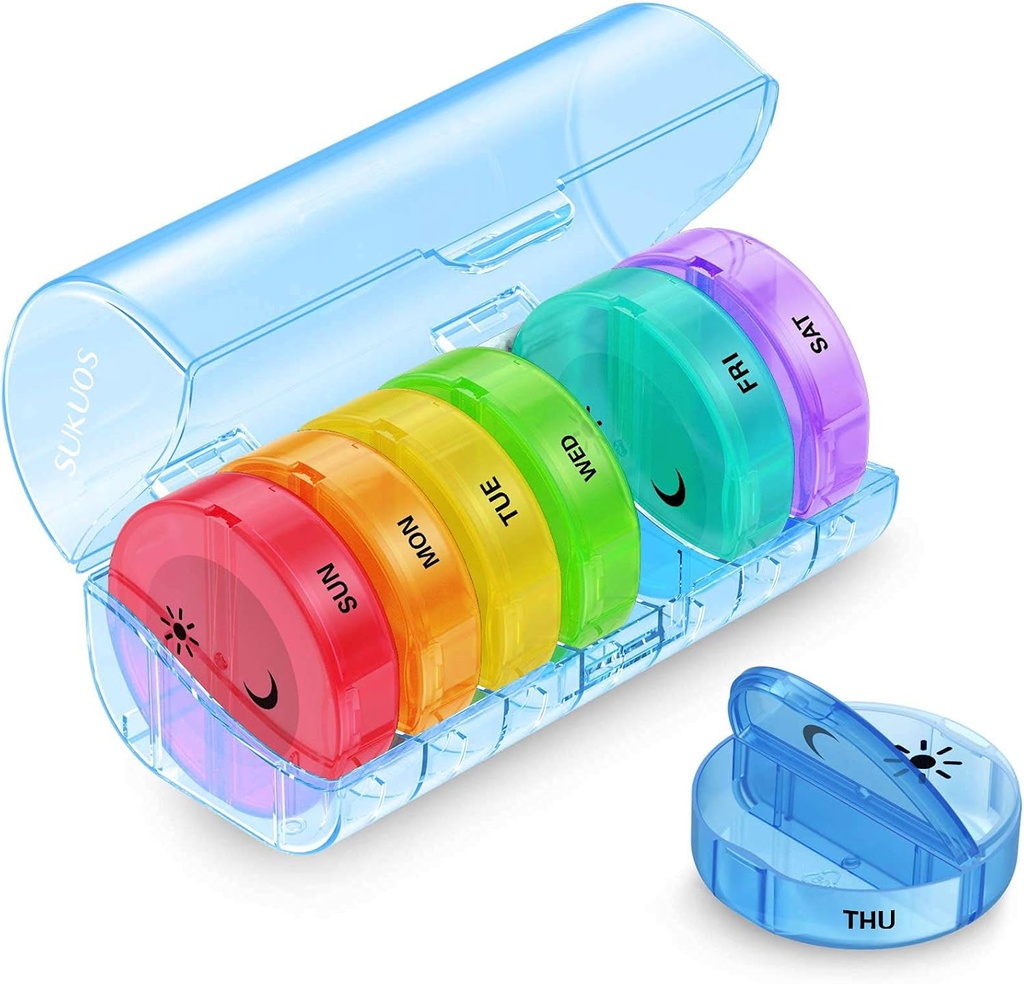Sukuos גדול כדור שבועי מארגנת 2 פעמים ביום, יום הכדור היומי Box 7 Day Easy to open with Double Protection, AMPM Pill Case for Medicine/Vitamin/Fish Oil/Supplements (כחול)