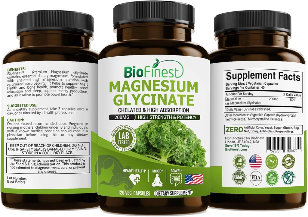 Biofinest Chelated Magnesium Glycinate 200 מ"ג תוסף - תנועה בריאה של לב באזל אנרגיה מטבוליזם Mood Sleep - Made in USA (120 קפסולות)