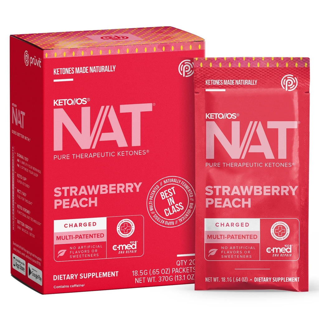 Pruvit - Keto /OS NAT - Strawberry Peach לטעון לשתות לערבב עם C-Med 100, L-Taurine, ויטמין B6 & B12, תוסף Ketone - 18.5g