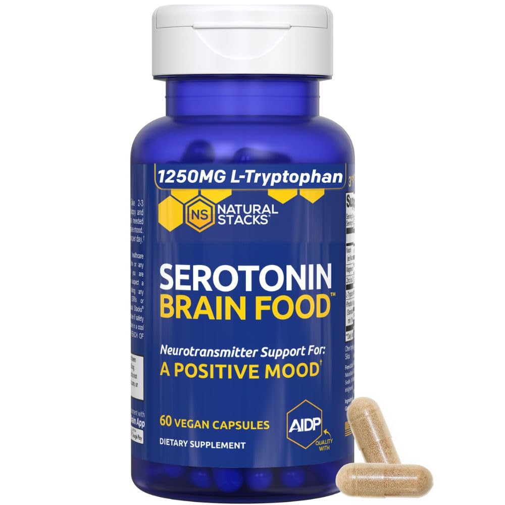 Serotonin Brain Food - 1250 מ"ג L-Tryptophan ו 400 מ"ג Rhodiola Rosea תוסף - Mood תמיכה עבור טיפול בלחץ - תמיכה נוירוטרנסמיטר עם Magnesium Glycinate & Zinc - 60 קפסולות