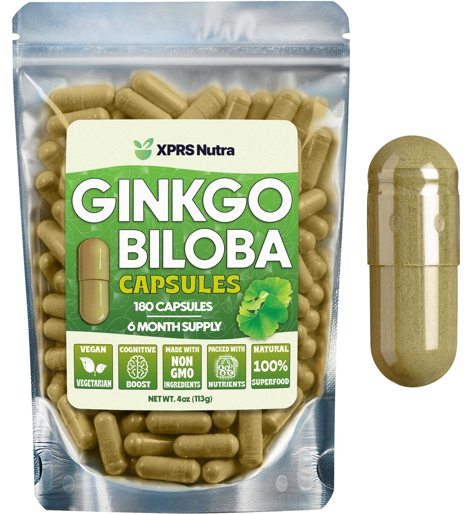 XPRS Nutra Genekgo Biloba קפסולות - Gingko Biloba Encapsulated תוספי עבור Cognition - ג'ינקוב בילובה - Immunity Boosting גינקו בילובה - 180 הרוזן