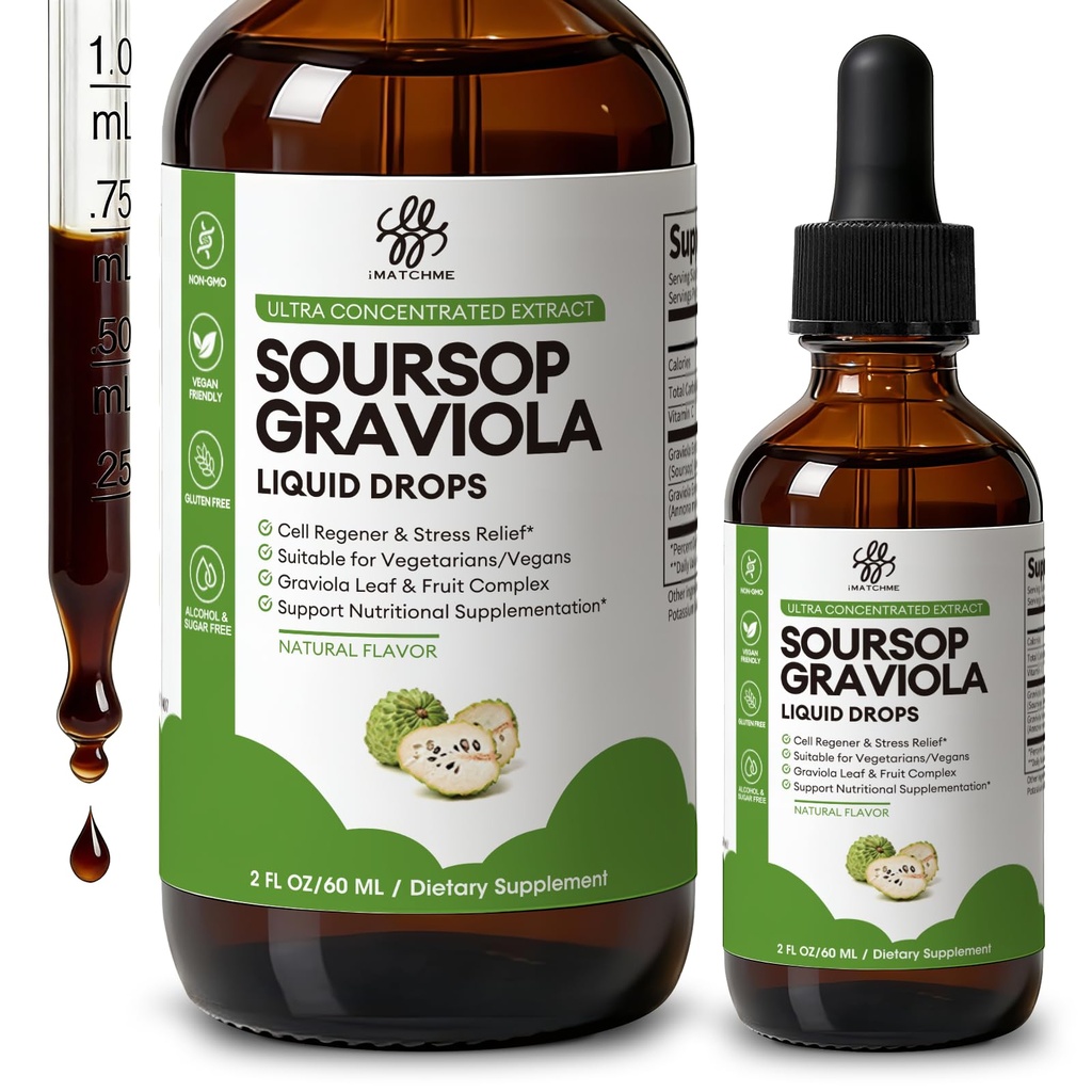 iMATCHME Soursop Graviola נוזל טיפות תמיכה תאים והתחדשות, Immune System ו- Gut Health Support, Pure Soursop Bitters, High Absorption, Sugar/Gluten Free, Natural Flavor, 2 Fl Oz Oz
