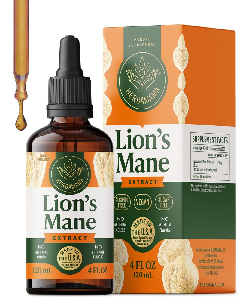 HERBAMAMA Lions Mane Tincture - Focus & Nerve תמיכה עם מיצוי Mane Mushroom של Lion - Hericium Erinaceus Brain Support Supplement - Non-GMO, אלכוהול וסוכר חינם - 84-Day Supply אספקת מזון