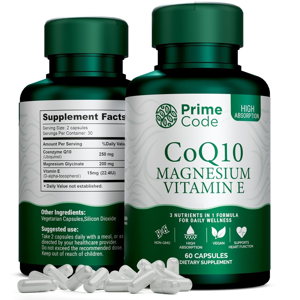 קוד ראשוני [3 ב 1] CoQ10 250 מ"ג עם Magnesium Glycinate ויטמין E | CoQ10 קפסולות 250 מ"ג | Magnesium Glycinate 200 מ"ג | ויטמין E 15 מ"ג | Non-GMO | Gluten & Soy Free | Vegan