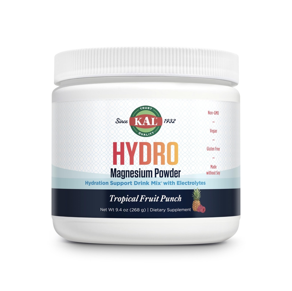 KAL Hydro Magnesium Plus Electrolytes אבקת - פירות טרופיים Punch - Sodium, Chloride, Potassium תוסף - הידרציה ומשקאות אנרגיה סלולרי לערבב - No Sugar - 60-Day Promise, 50 משרתים, 9.4 OZ