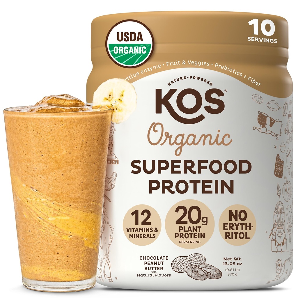 אבקת חלבון טבעוני KOS, שוקולד Peanut Butter - Low Carb Pea חלבונים תערובת, USDA אורגני Superfood עם ויטמינים ומינרלים - Keto, Soy, חלב חינם - החלפת Meal לנשים וגברים - 10 משרתים