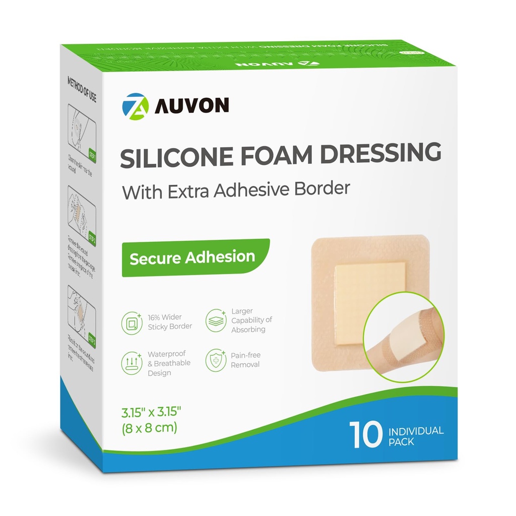 AUVON Silicone Foam Dressing with Large Adhesive Border, 3 " x 3" 10 Packs Wound Dressing Bandage with High Absorbency, Waterified Silicone Foam Pads for Wound Care & Def Plus Cushioning Bandage with High Absorbency, Waterהוכחה למים