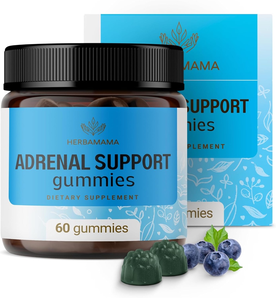 HerBAMAMA Adrenal Support Gummies - Pure Adrenal Complex תוסף לנשים עם Ashwagandha Root, Rhodiola Rosea & Magnesium - טבעוני, non-GMO - 60 Pectin-Blueberry מבוסס כחול-פלדורד צ'ws